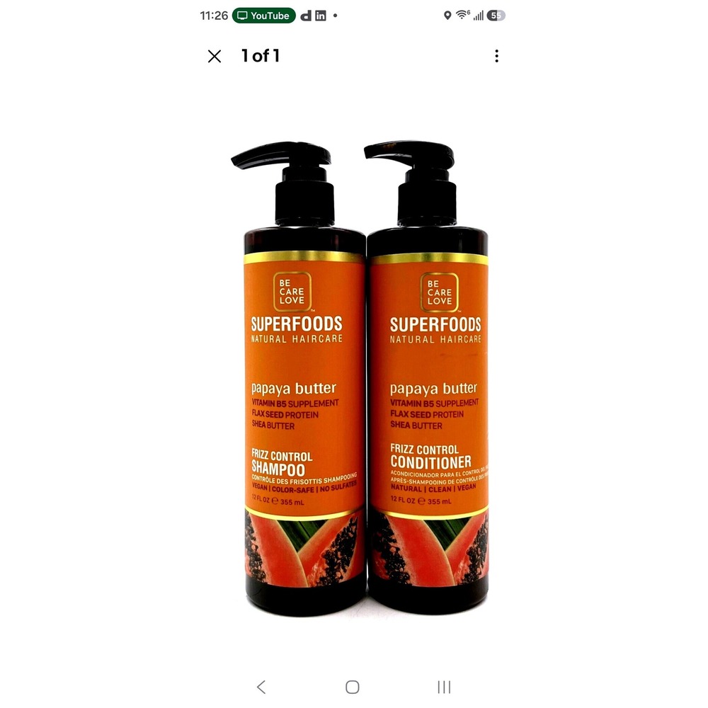 Be Care Love Superfoods Papaya Butter Frizz Control Shampoo Conditioner Set 12oz